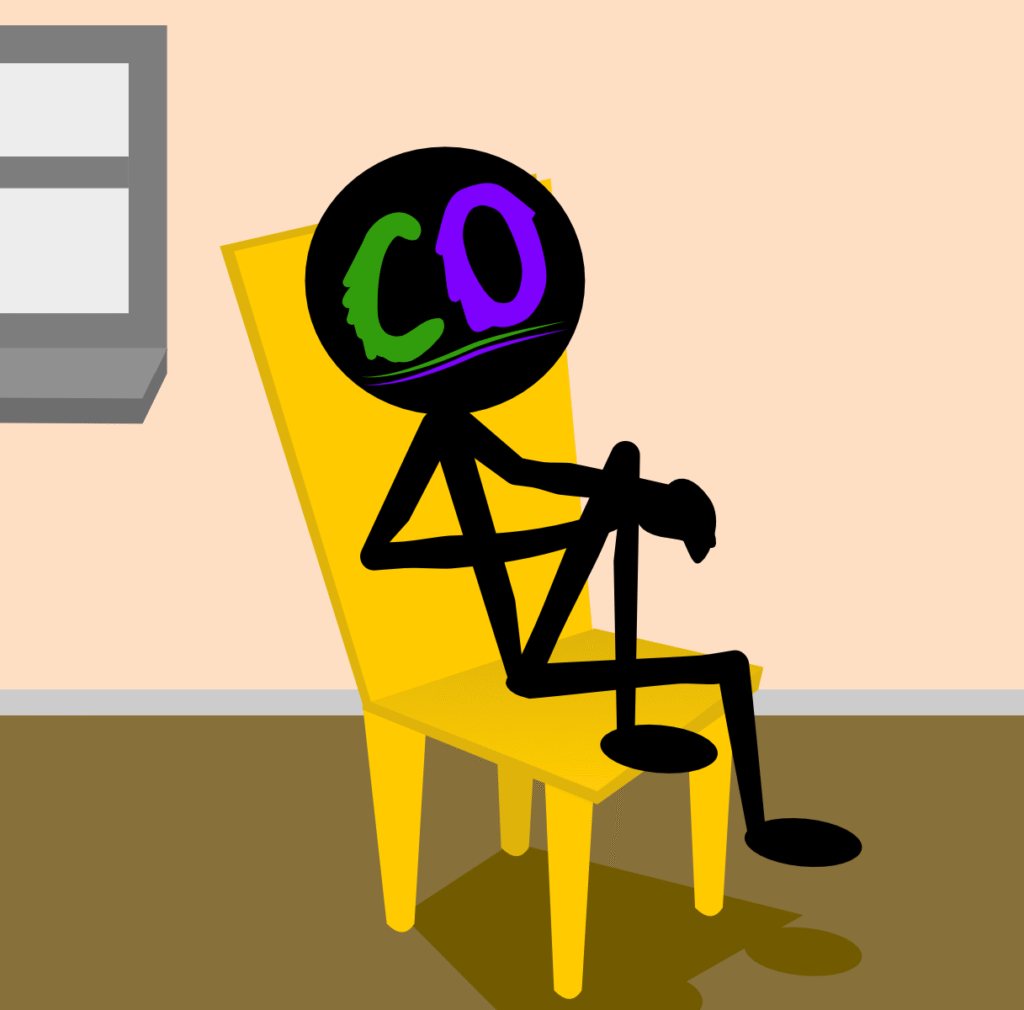 Creation Overload stickman character sat on a chair