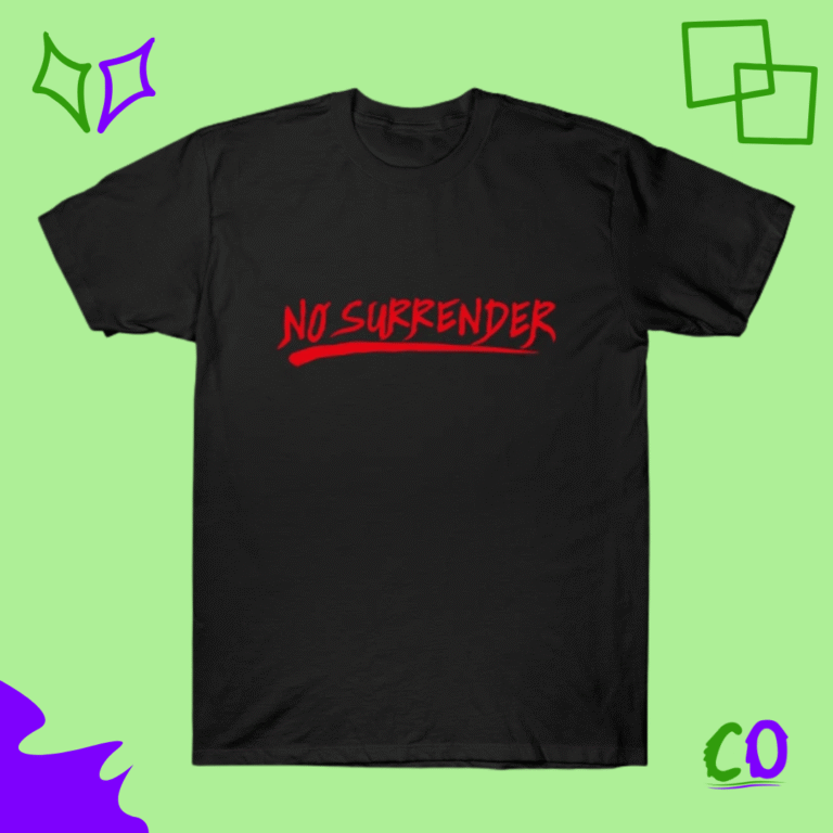 Dark minimalist t-shirt – No Surrender – bold red handwritten style on black shirt by Creation Overload