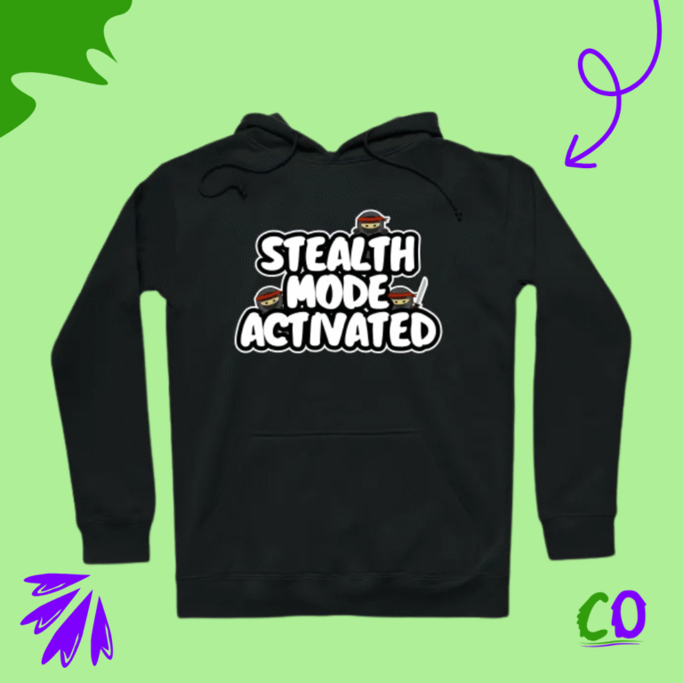 Funny black ninja hoodie with bold white “Stealth Mode Activated” text and cartoon ninja icons, geeky gamer sweatshirt from Creation Overload.