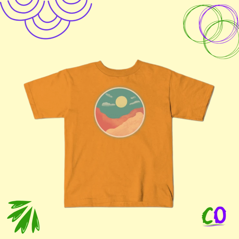 Retro sunset mountain landscape graphic on mustard yellow t-shirt, vintage nature scenery tee from Creation Overload.