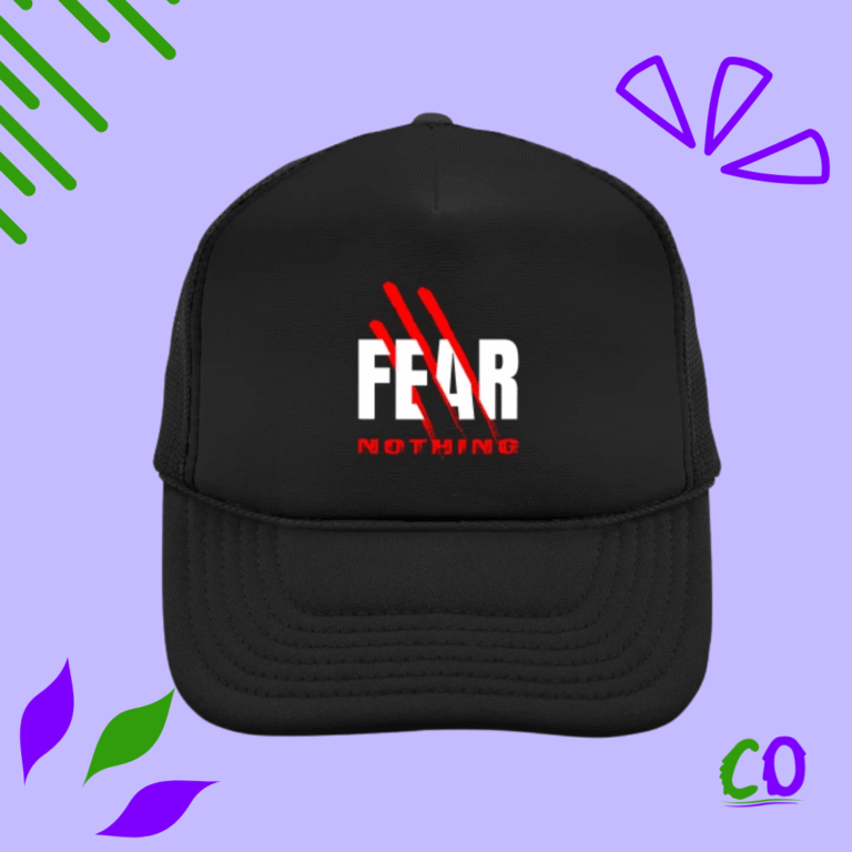 Black baseball cap with bold white and red “Fear Nothing” text, motivational embroidered hat from Creation Overload.